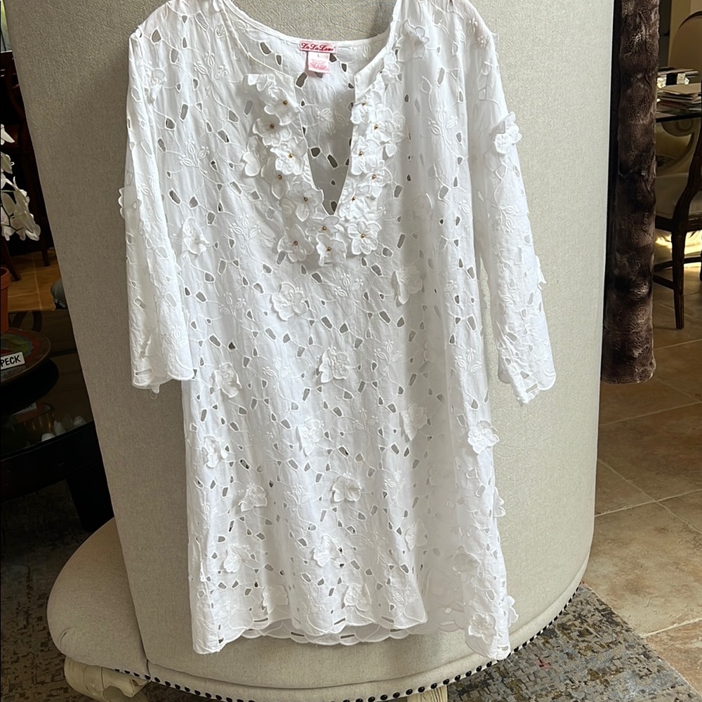 La La Lame Ruffled Coverup  with 3/4 Sleeves size L.   34” L 21” Pit to Pit
